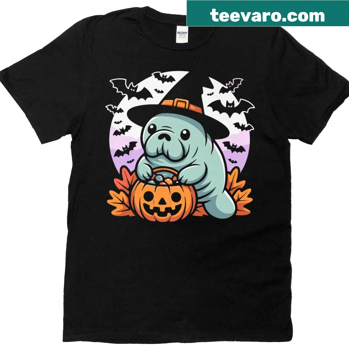 Funny Halloween t-shirt featuring a manatee in a witch hat with pumpkins — on a men's t-shirt
