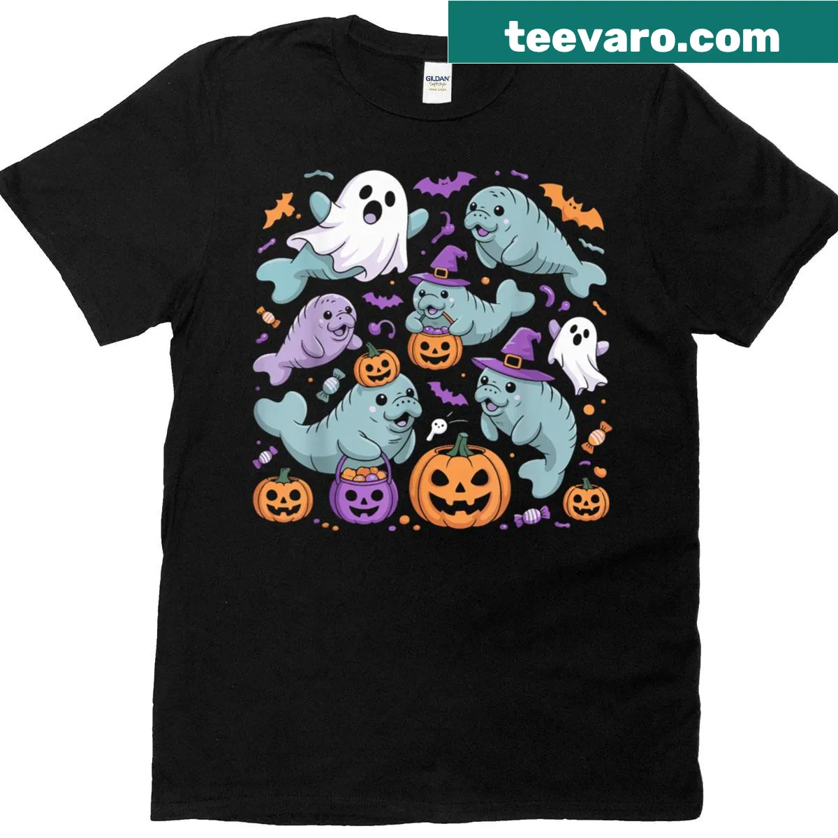 Fun Halloween shirt with manatee in a witch hat and spooky elements — on a men's t-shirt