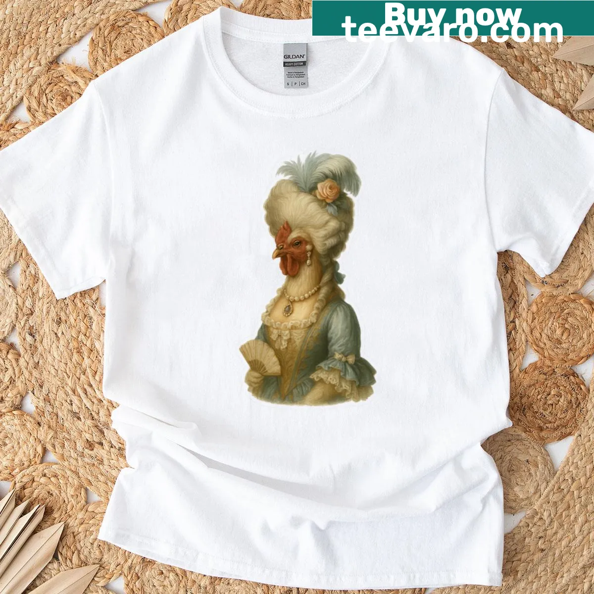 Illustrative oversized T-shirt featuring a hen inspired by Marie Antoinette. — on a men's t-shirt