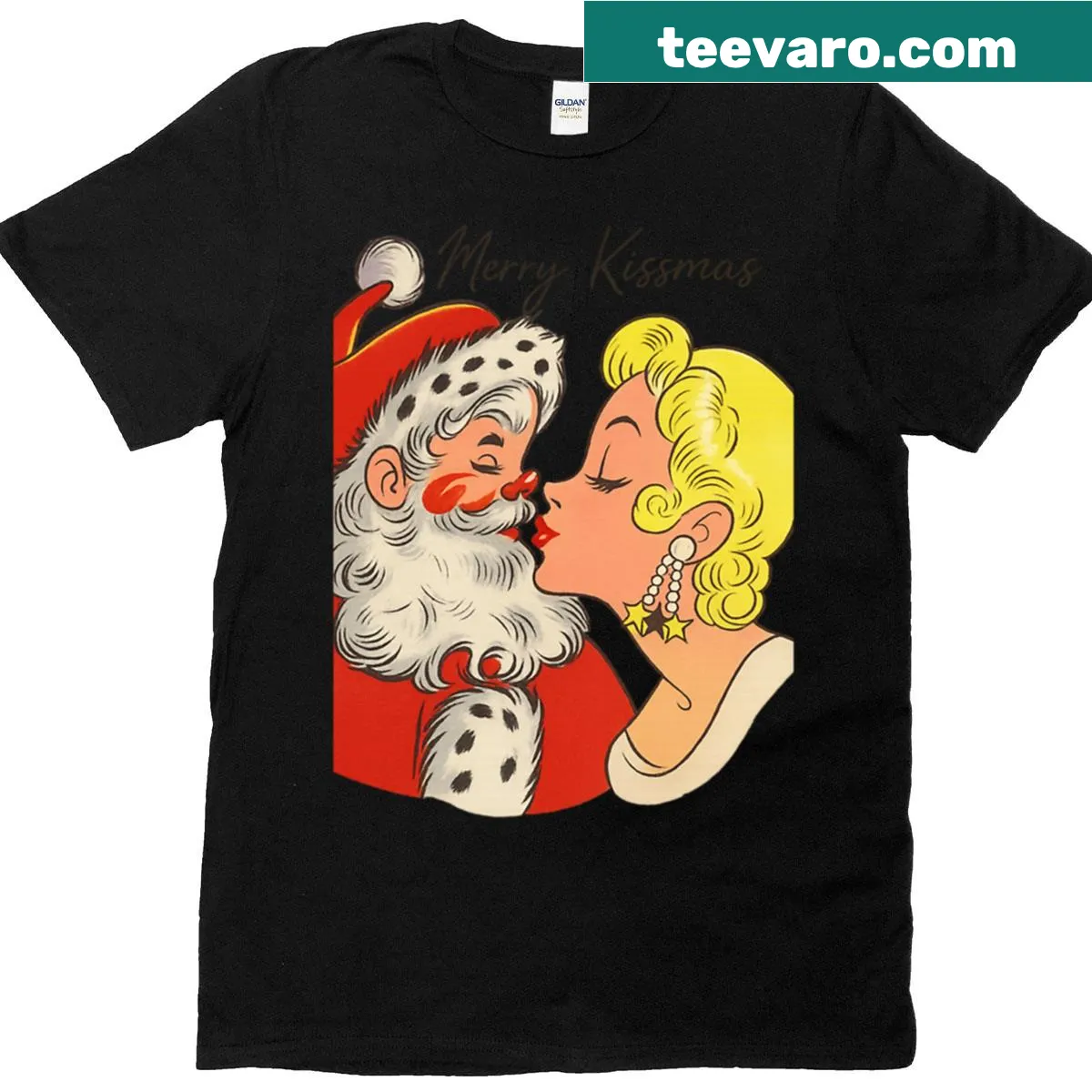 Vintage Santa pin-up t-shirt with Merry Kissmas text — on a men's t-shirt