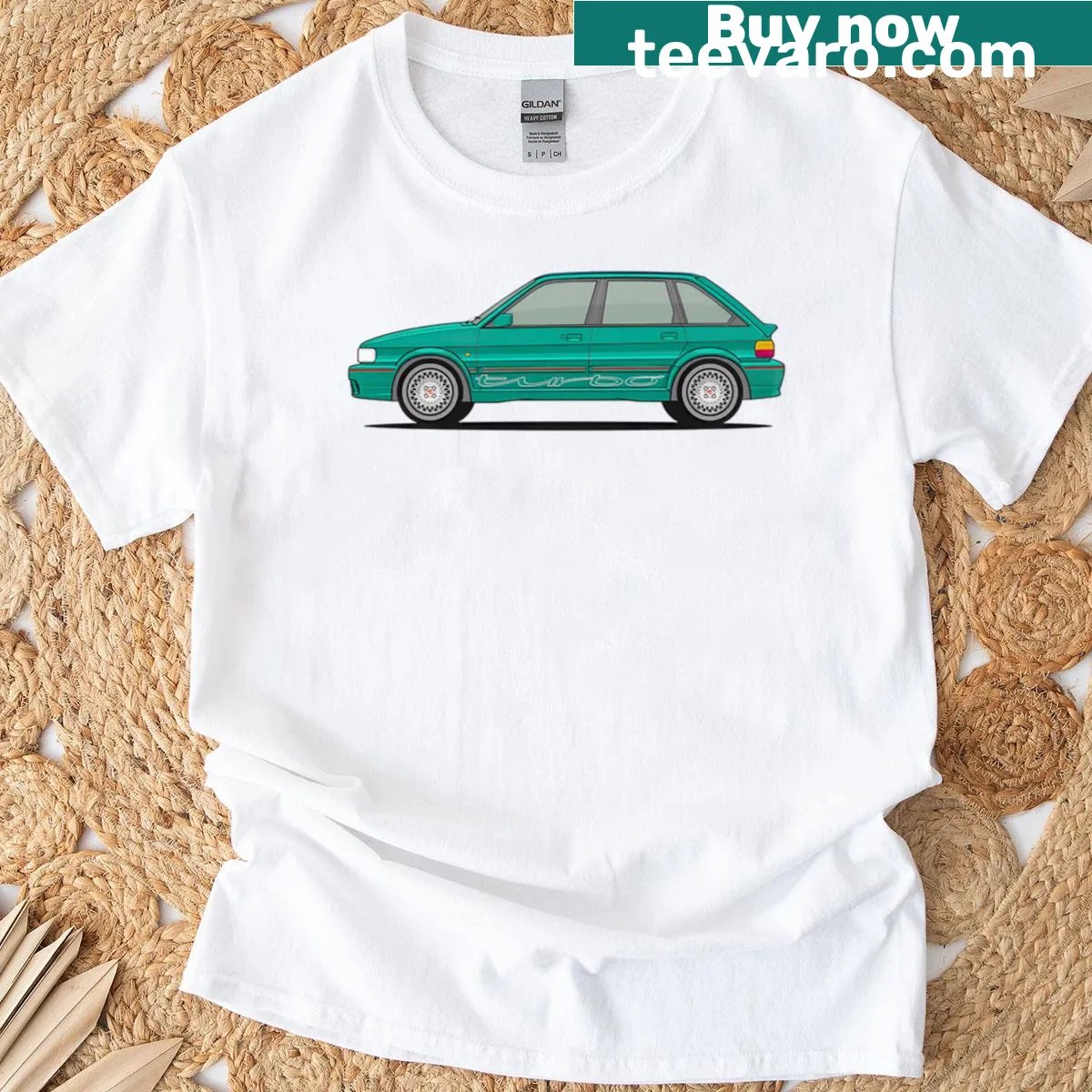 T-shirt featuring an illustration of the Mg Maestro Turbo car design — on a men's t-shirt