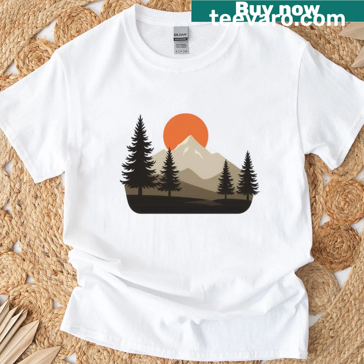 Vintage hiking t-shirt with a minimalist sunset mountain scene — on a men's t-shirt