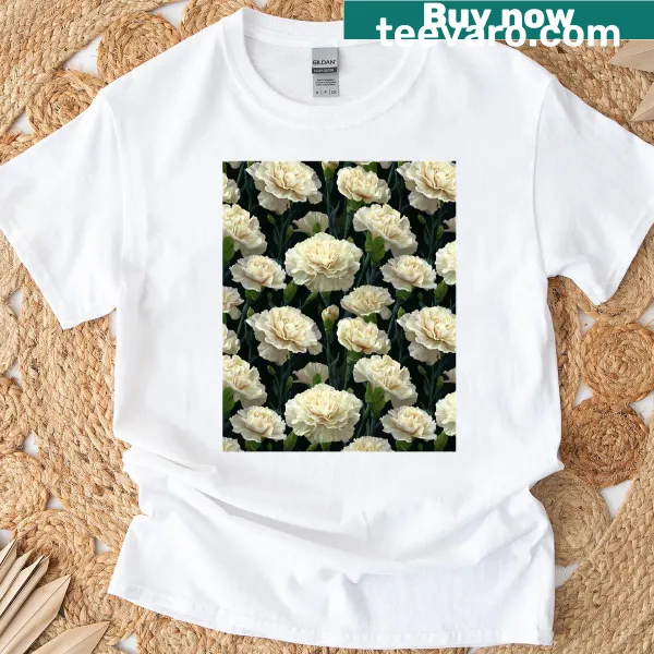 Minimalistic shirt with blooming carnations texture for thank you gifts.