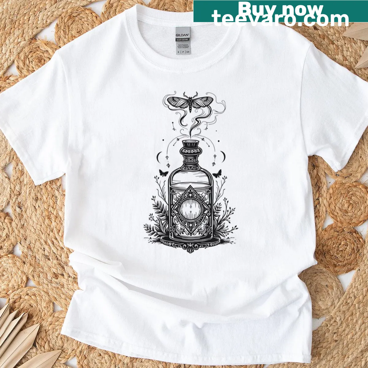 Whimsical t-shirt featuring a moon moth and potion design — on a men's t-shirt