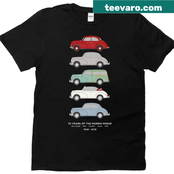 Vintage-inspired t-shirt featuring various Morris Minor car models.