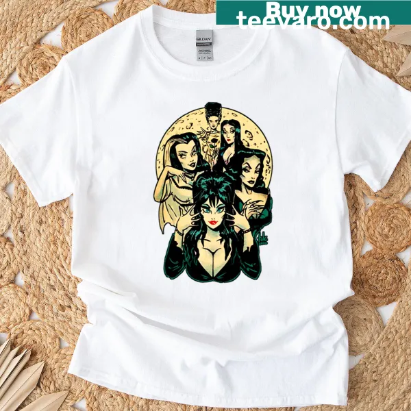 Cartoon graphic featuring Morticia, Elvira, Lily, and the Bride of Frankenstein