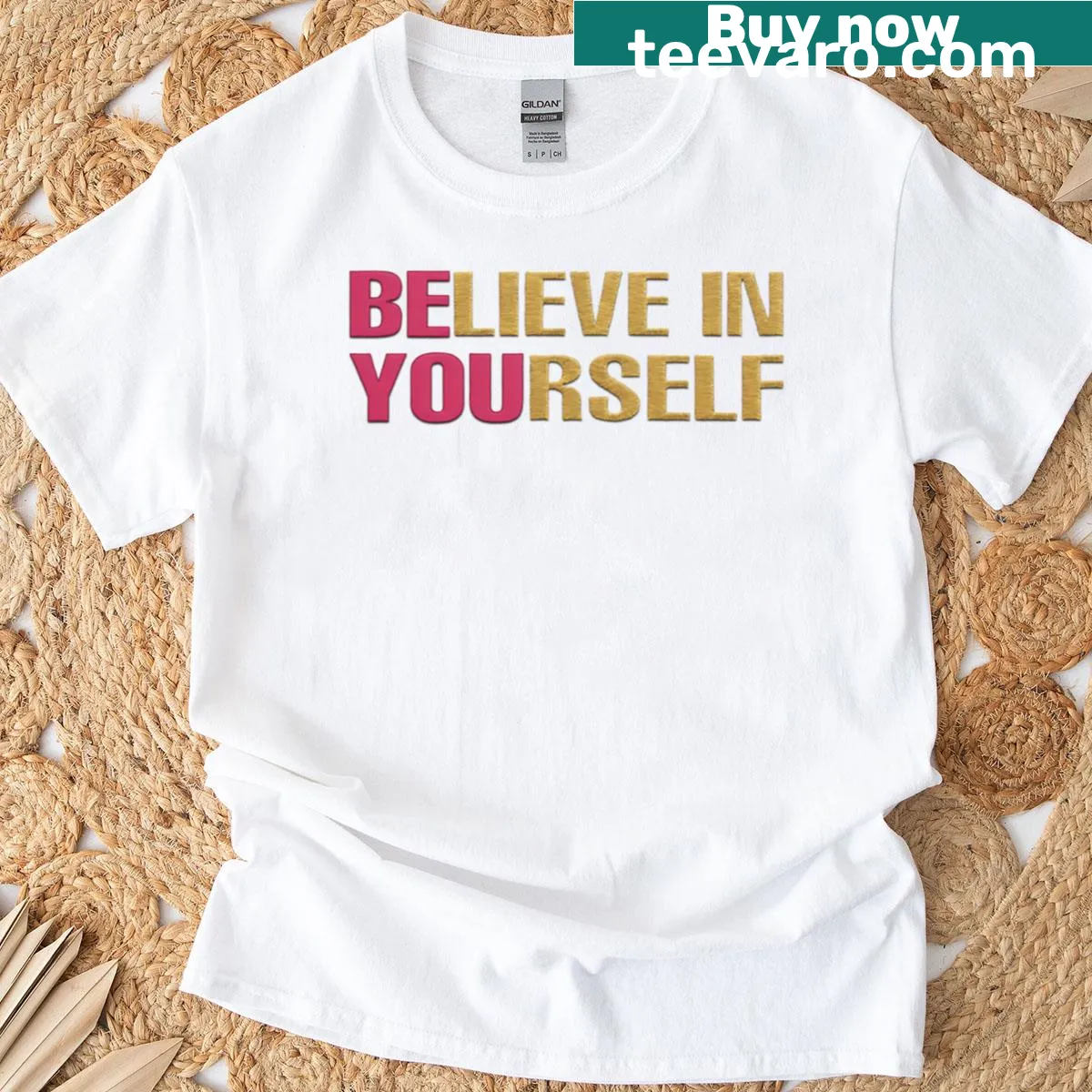 Motivational t-shirt with embroidered text Believe In Yourself Be You — on a men's t-shirt
