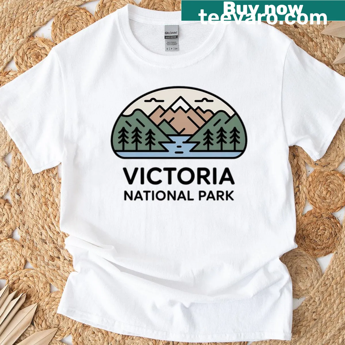 Illustrative T-shirt featuring elements from Victoria's national parks. — on a men's t-shirt