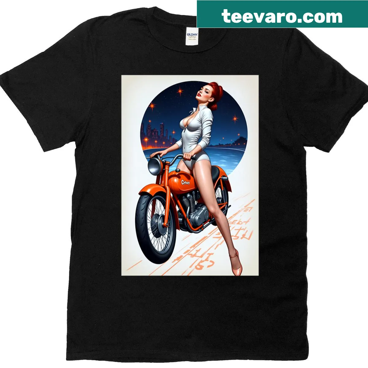 Retro motorcycle art featuring a pinup design on a t-shirt — on a men's t-shirt
