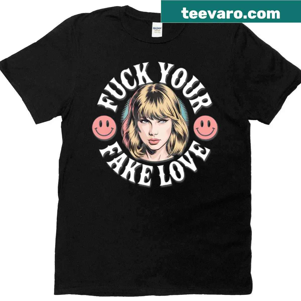 Pop art oversized t-shirt with blonde woman and smiley faces — on a men's t-shirt