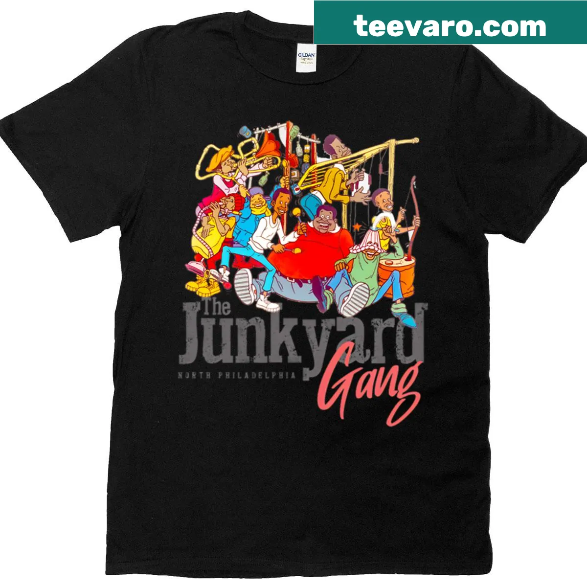 Oversized t-shirt with kids playing homemade instruments — on a men's t-shirt