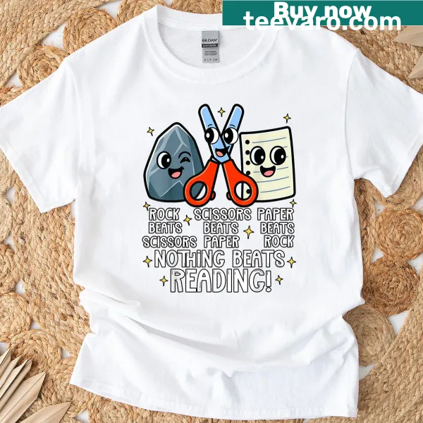 Kids t-shirt with playful text about reading and rock-paper-scissors.