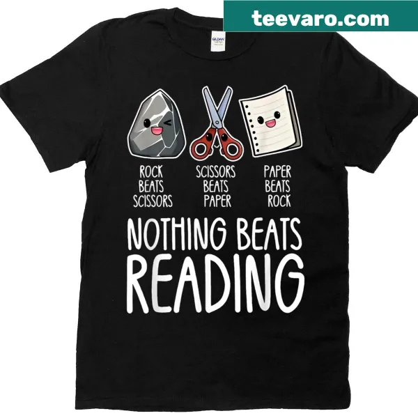 Humorous book lover t-shirt with Rock Paper Scissors graphic