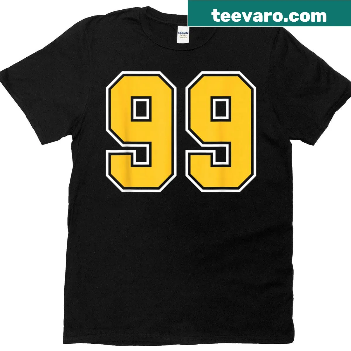 Football team jersey-style T-shirt featuring number 99 — on a men's t-shirt