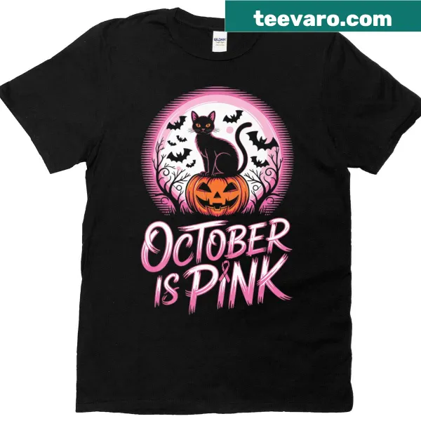 Cat-themed breast cancer awareness t-shirt with pink ribbon graphic