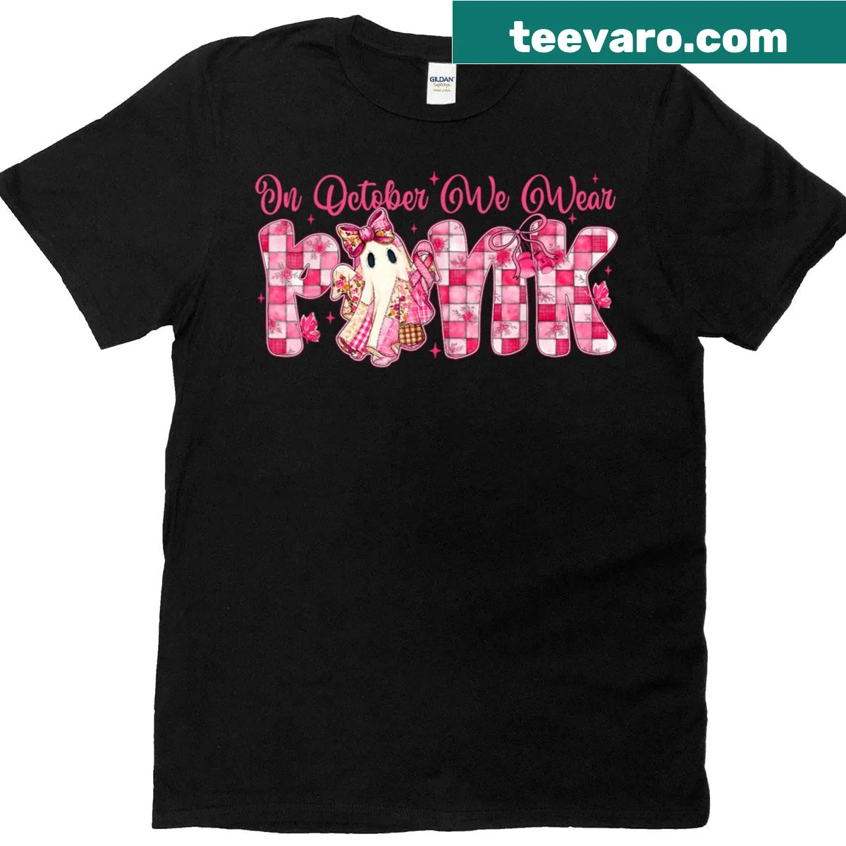 Patchwork breast cancer awareness t-shirt with playful ghost design — on a men's t-shirt