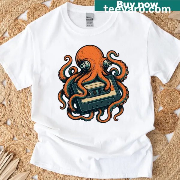T-shirt with an octopus illustration wrapped around a cassette tape