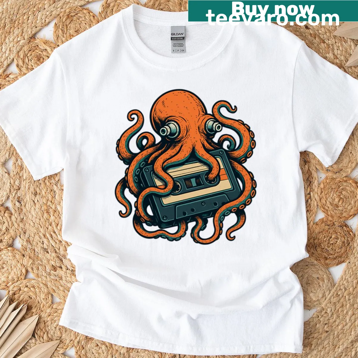 T-shirt with an octopus illustration wrapped around a cassette tape — on a men's t-shirt