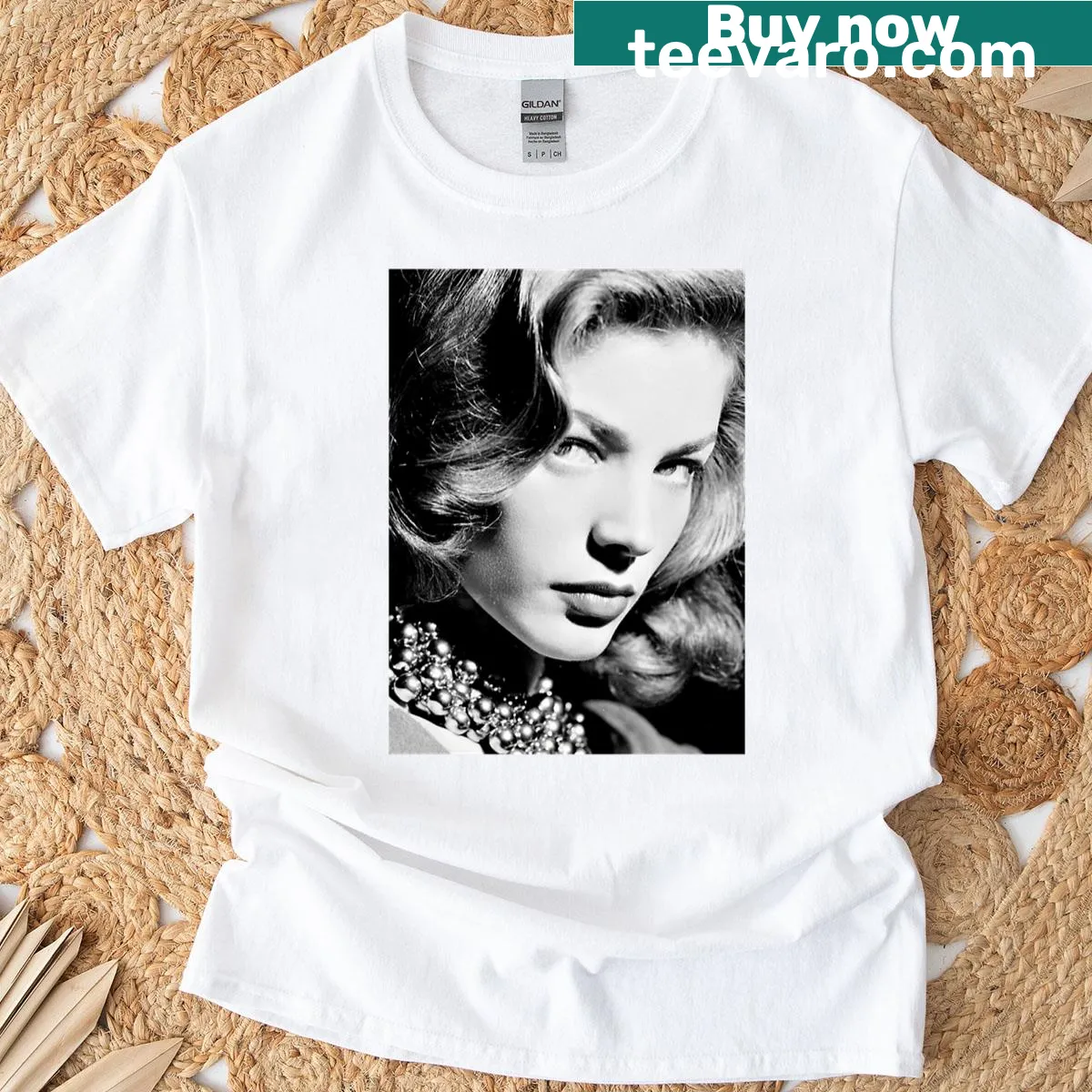 T-shirt featuring a portrait of Lauren Bacall from Old Hollywood — on a men's t-shirt