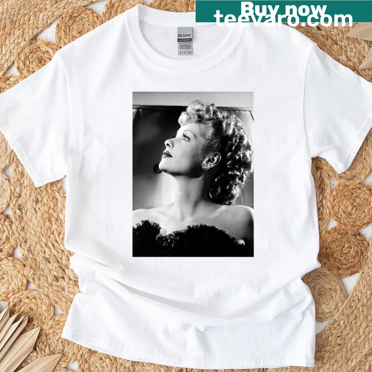 Illustrated portrait of Lucille Ball on a vintage-style t-shirt — on a men's t-shirt