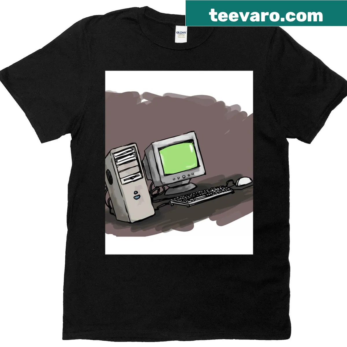 T-shirt with graphic of an old PC and CRT monitor — on a men's t-shirt