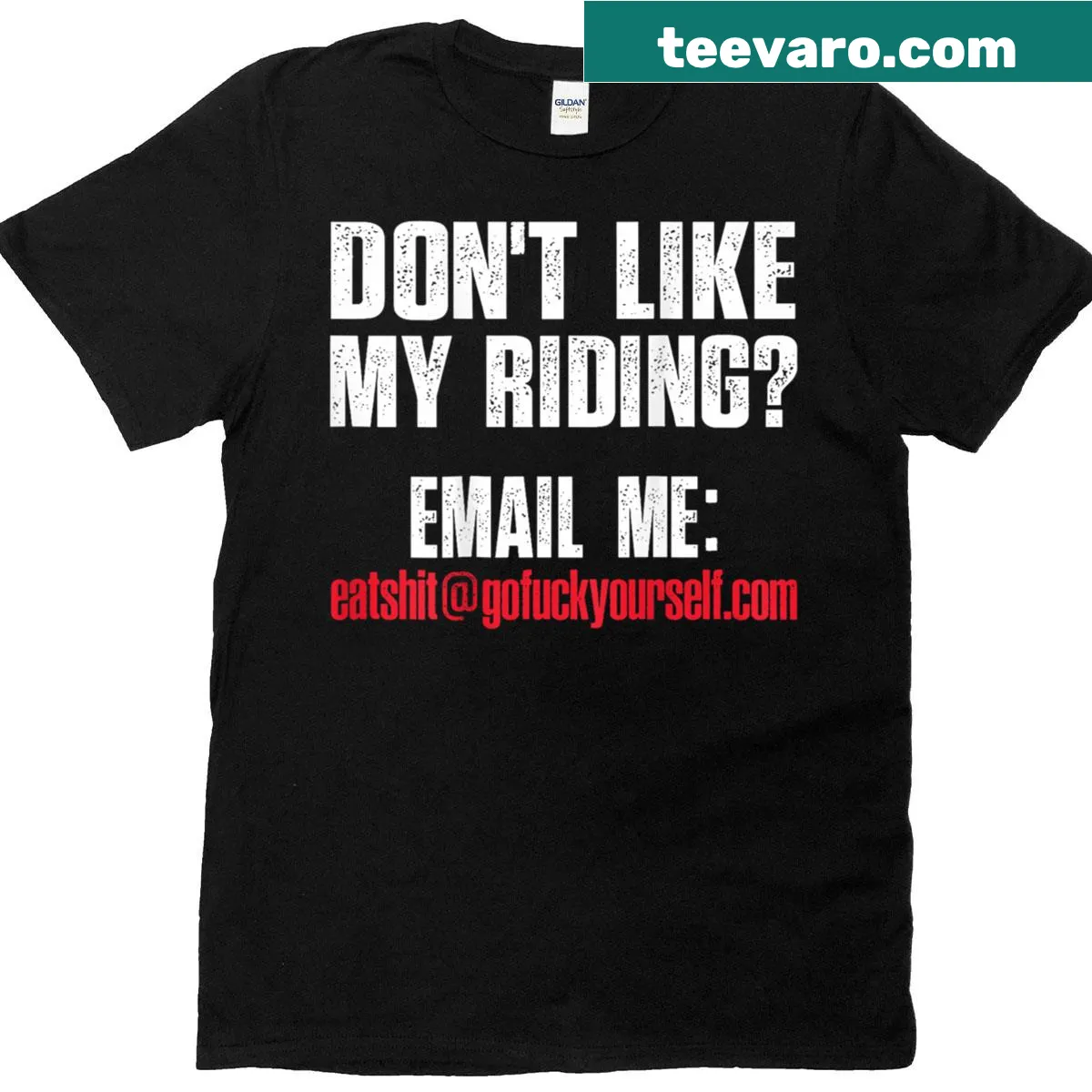 Biker t-shirt with a humorous message about riding and an email invitation. — on a men's t-shirt