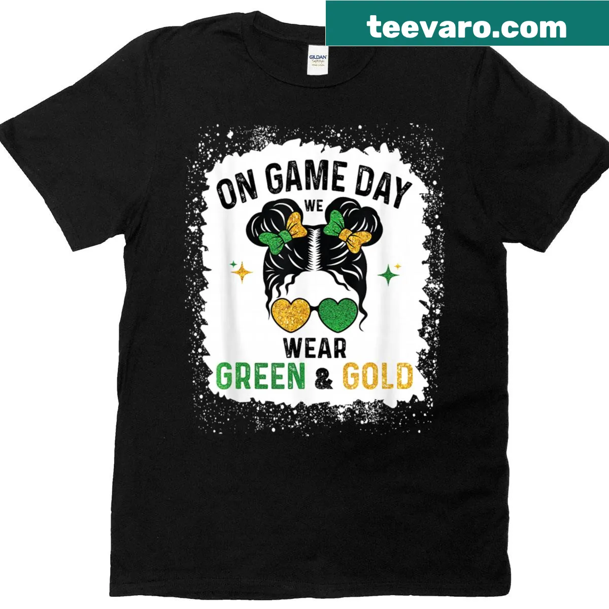 Gameday green and gold typography t-shirt for all ages — on a men's t-shirt