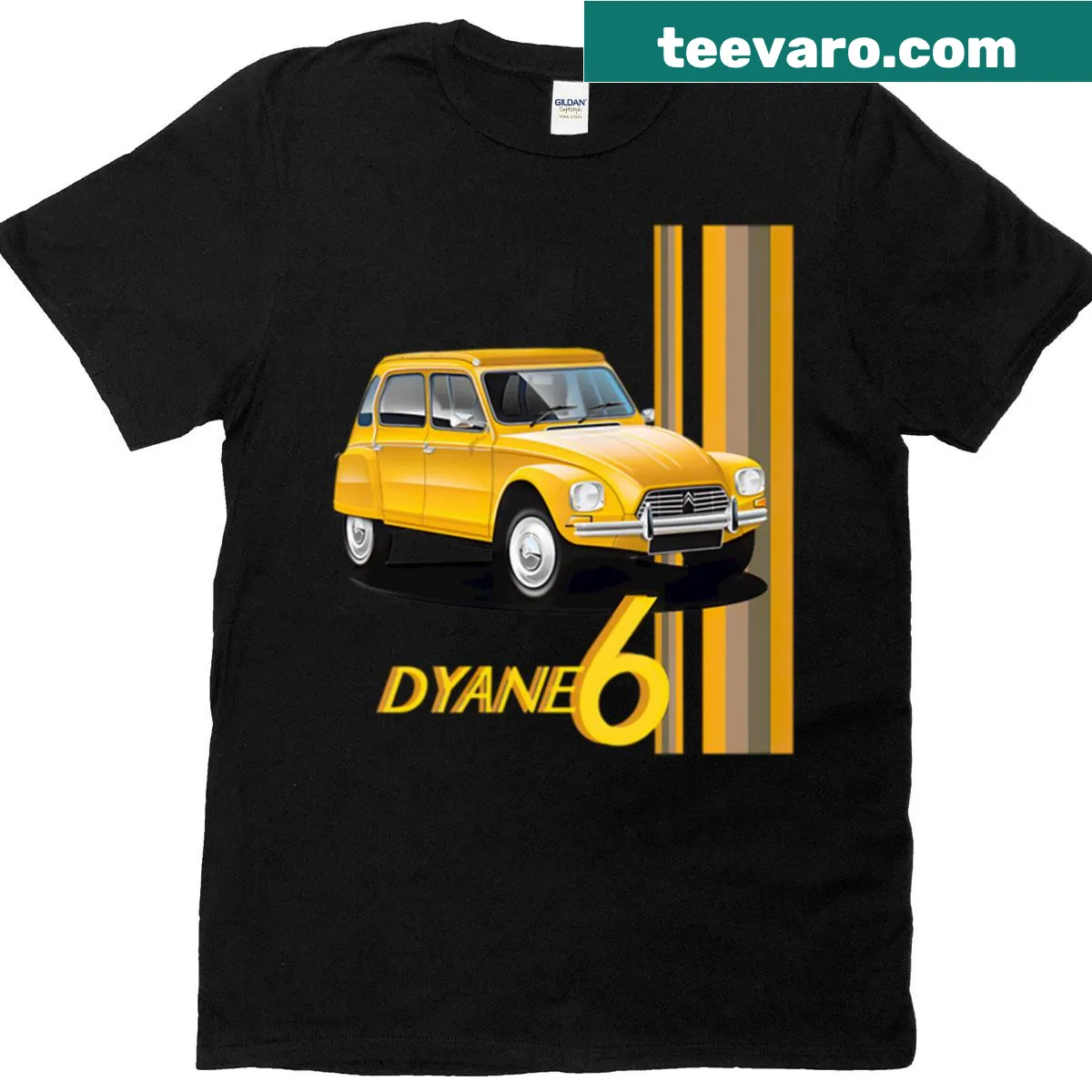 Vintage automotive t-shirt featuring an illustration of a Citroen Dyane 6 — on a men's t-shirt