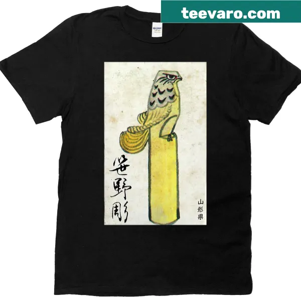T-shirt featuring vintage Japanese folk art matchbox cover design.