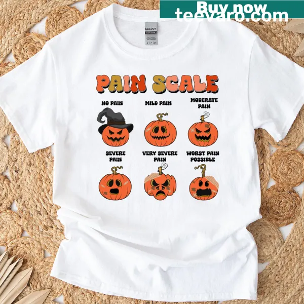 Halloween-themed nurse T-shirt with pumpkin and pain scale graphic