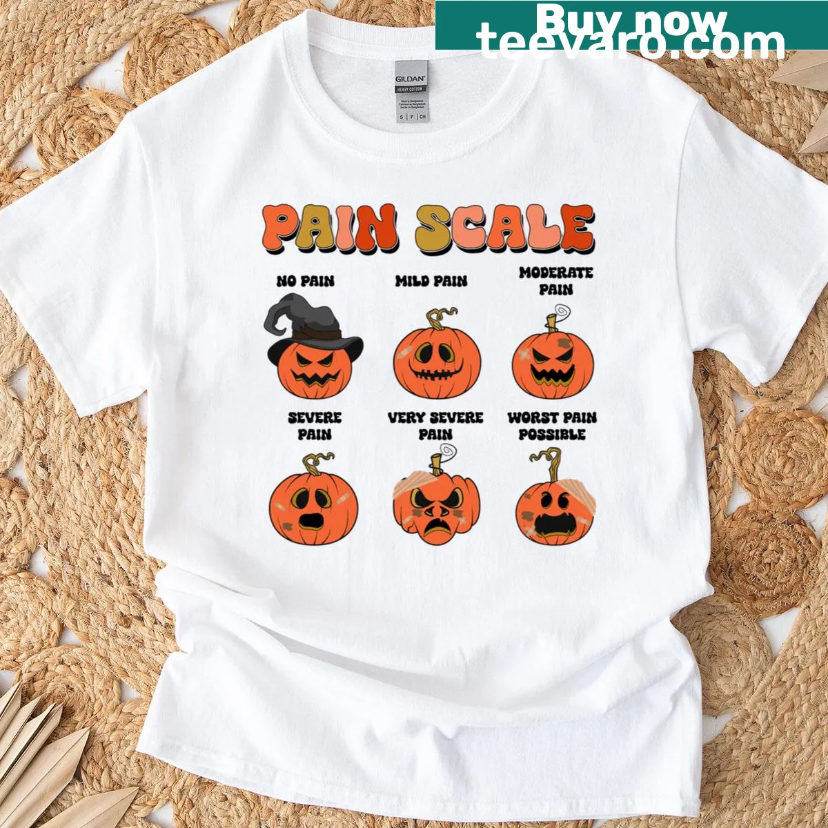 Halloween-themed nurse T-shirt with pumpkin and pain scale graphic — on a men's t-shirt