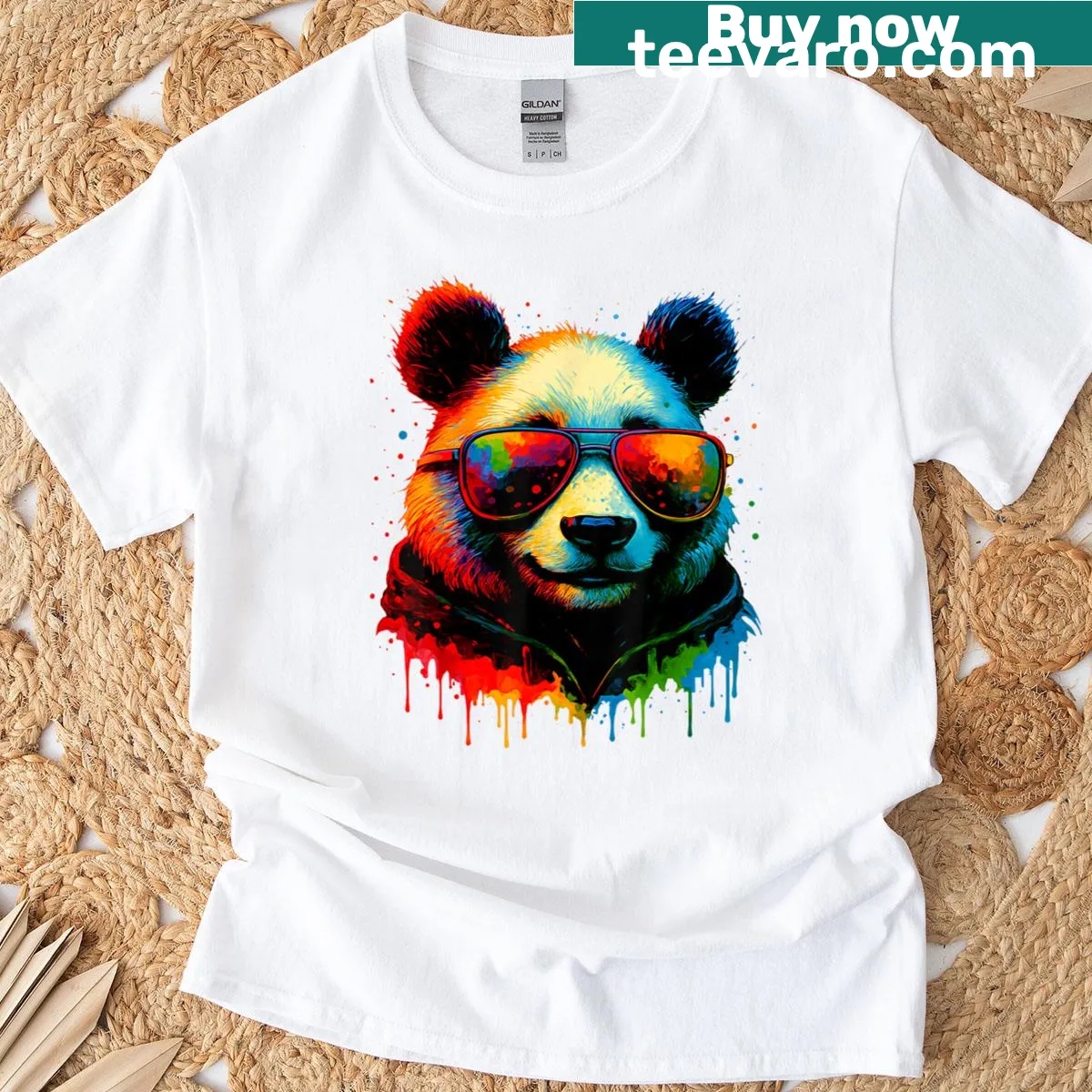 Cute panda wearing sunglasses in a jungle illustration — on a men's t-shirt