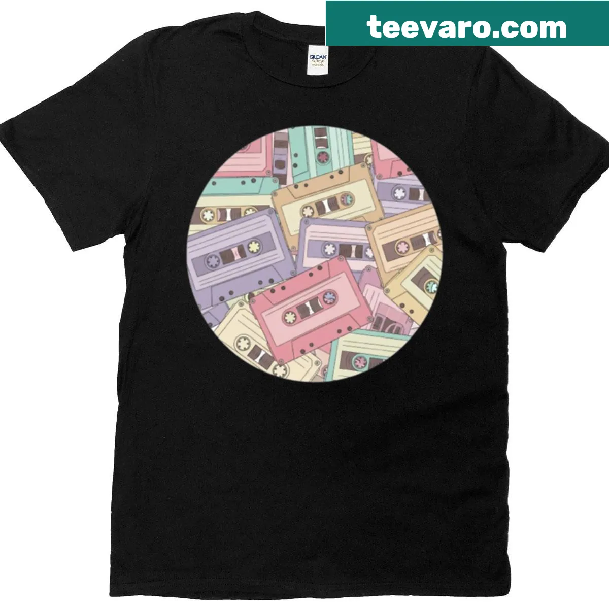 Pastel cassette tapes arranged in a circle design on a t-shirt — on a men's t-shirt