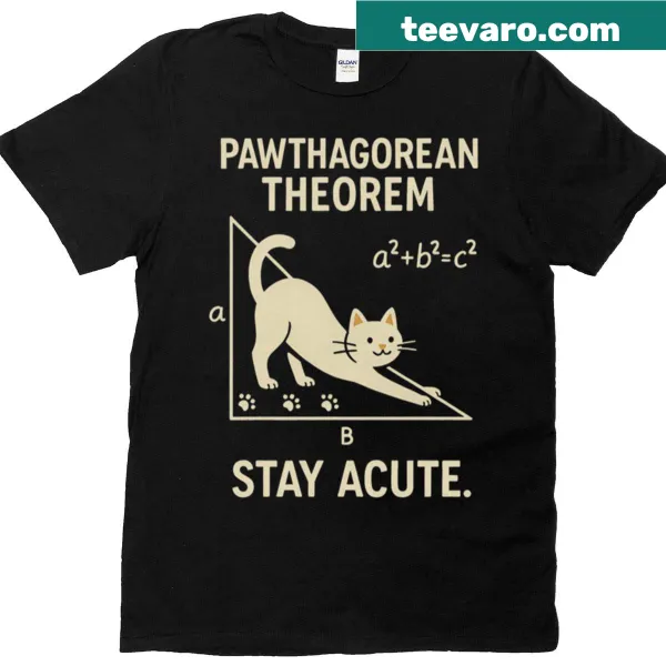 Cute cat and triangle graphic on a math-themed T-shirt