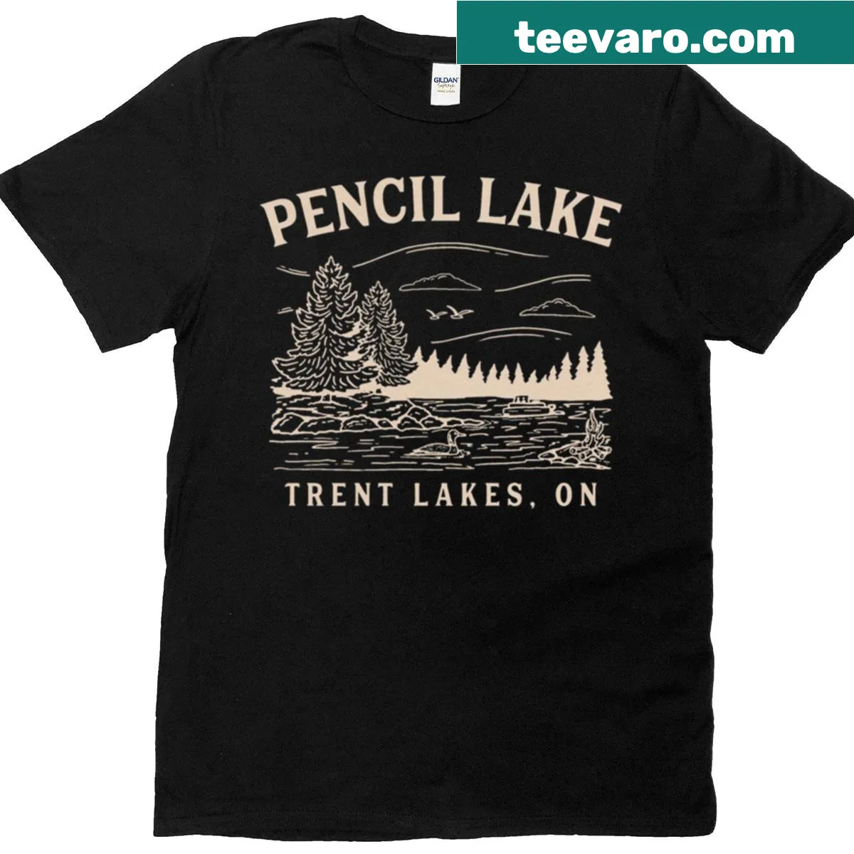 Minimalist line-art design of a lake on an oversized T-shirt — on a men's t-shirt