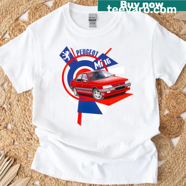 Dynamic graphic art of Peugeot 405 Mi16 on a t-shirt