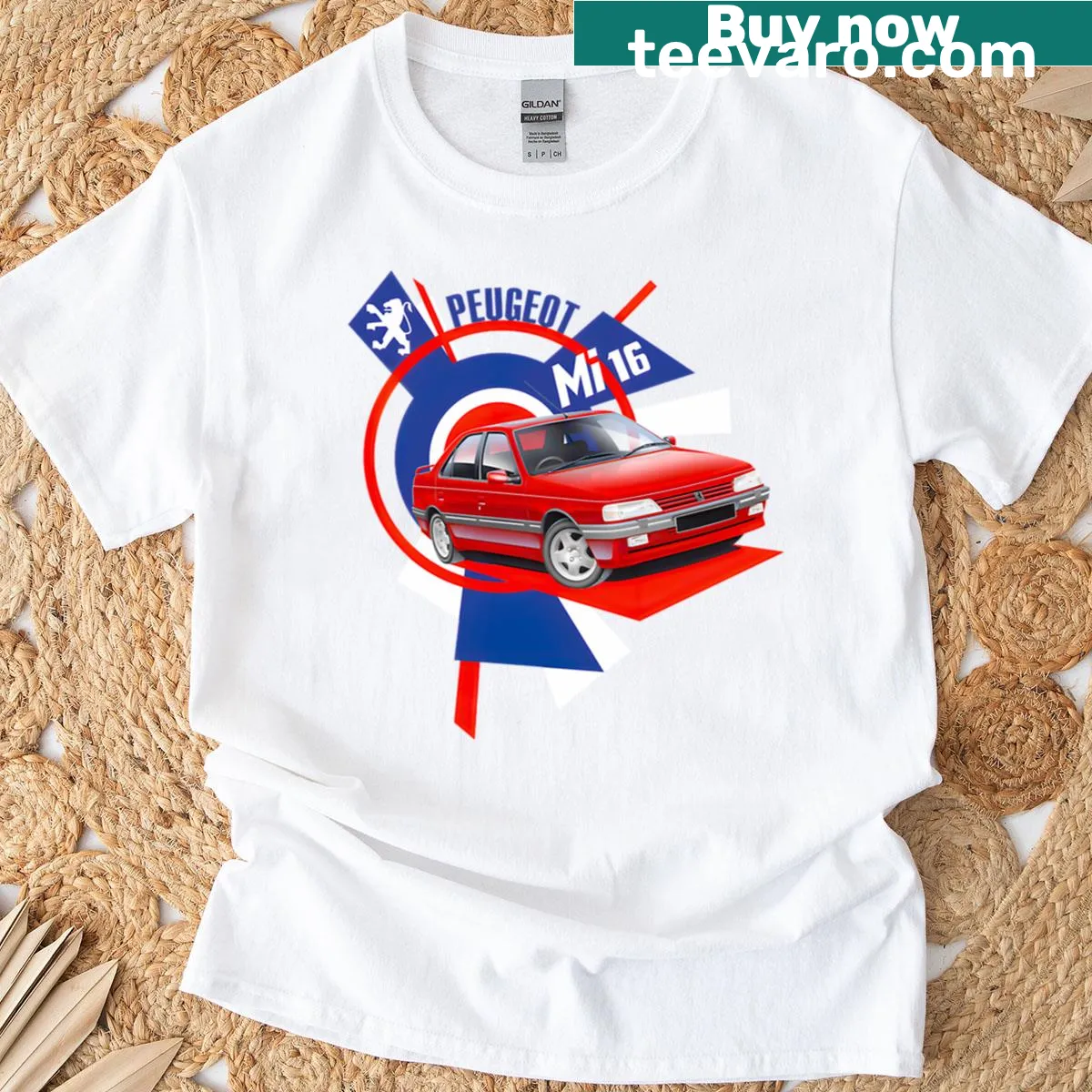 Dynamic graphic art of Peugeot 405 Mi16 on a t-shirt — on a men's t-shirt