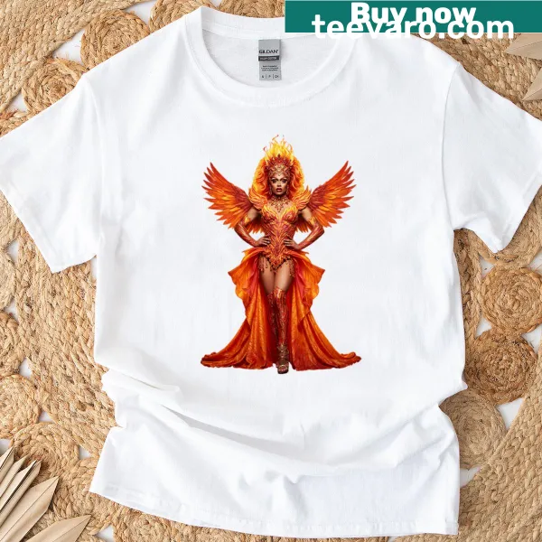 Illustration of a phoenix showgirl in a glamorous costume on a t-shirt