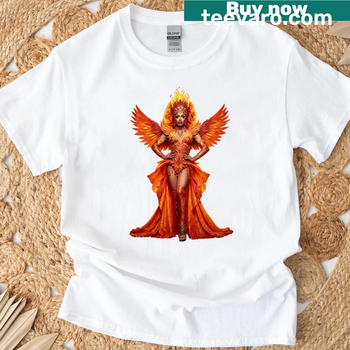Illustration of a phoenix showgirl in a glamorous costume on a t-shirt — on a men's t-shirt