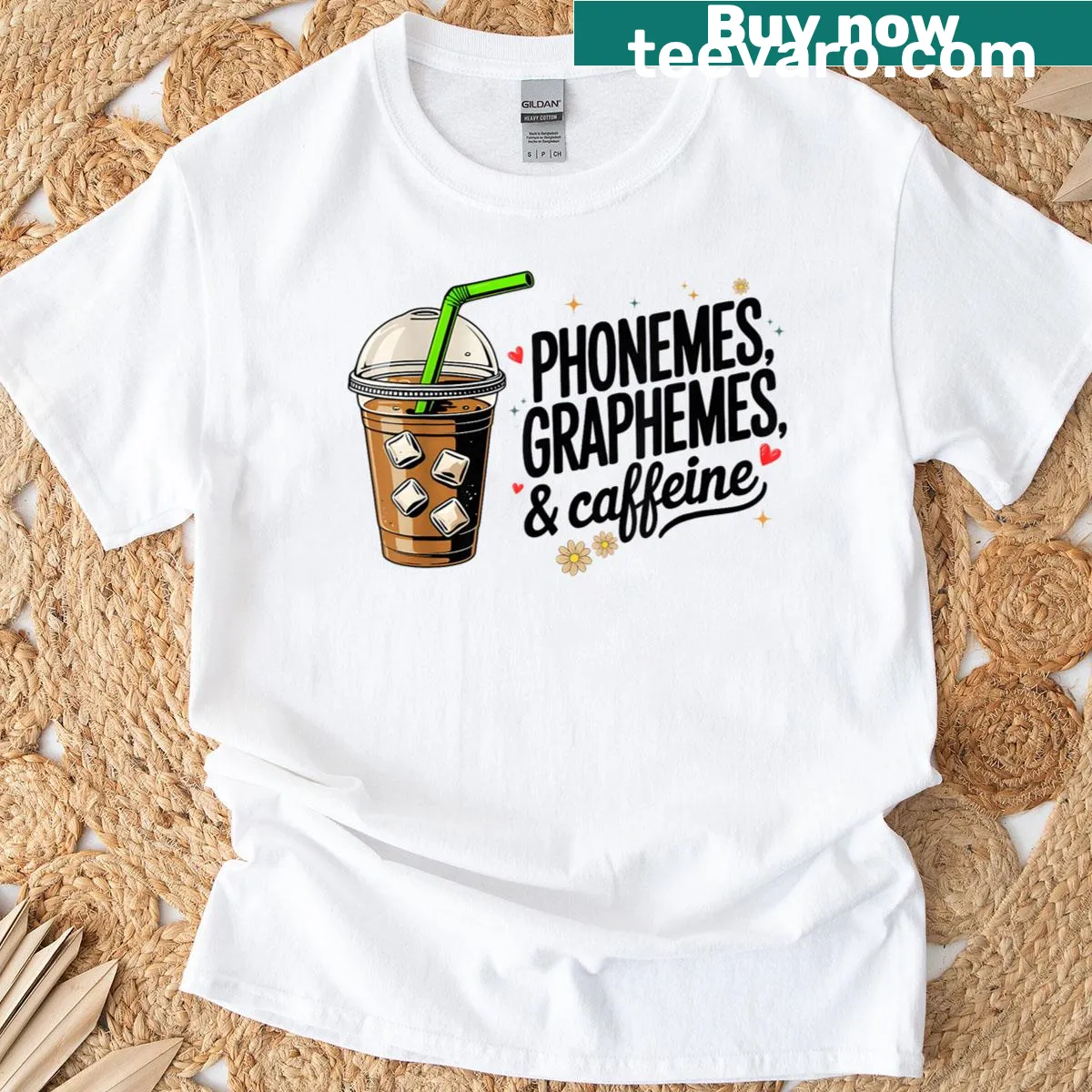Humorous reading-themed T-shirt featuring phonemes, graphemes, and caffeine. — on a men's t-shirt