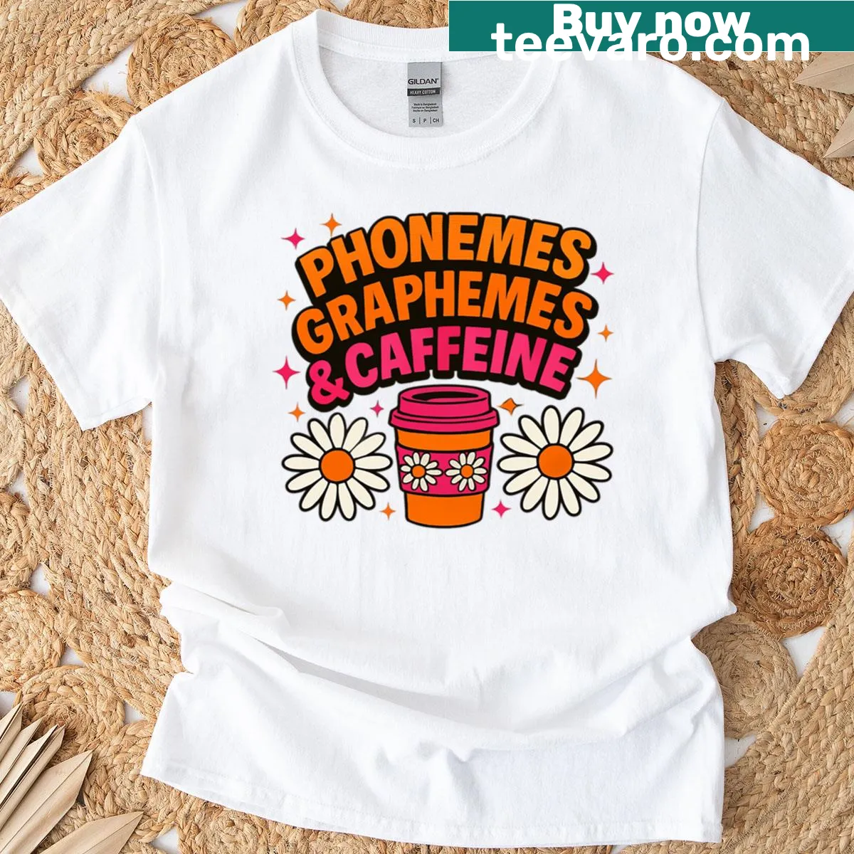 Typography shirt with Phonemes Graphemes Caffeine for students — on a men's t-shirt