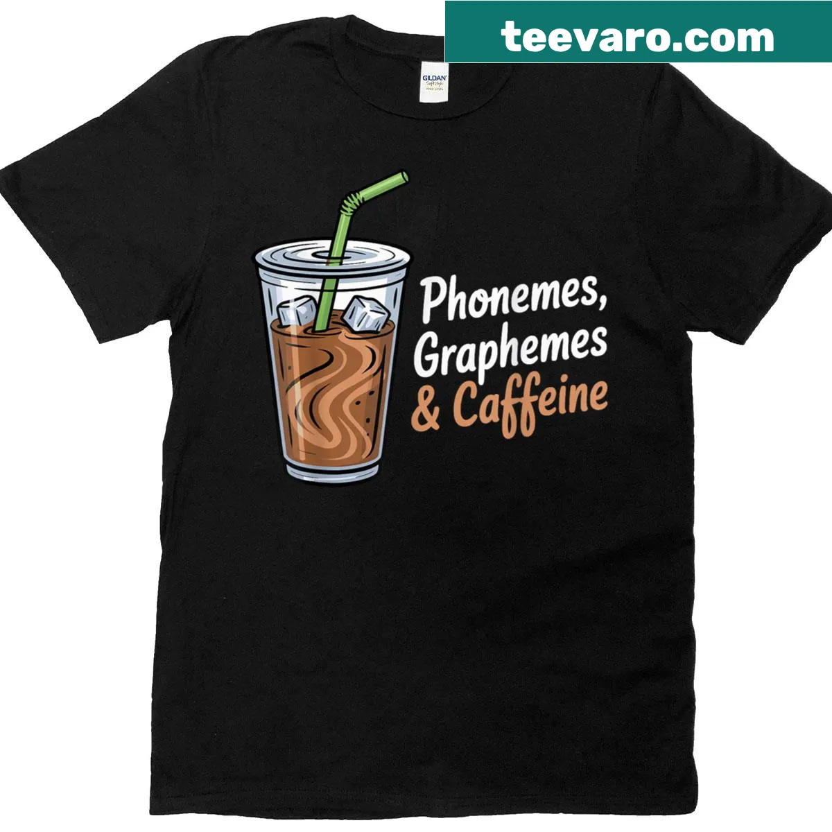 Teacher appreciation t-shirt with phonemes, graphemes, and caffeine text — on a men's t-shirt