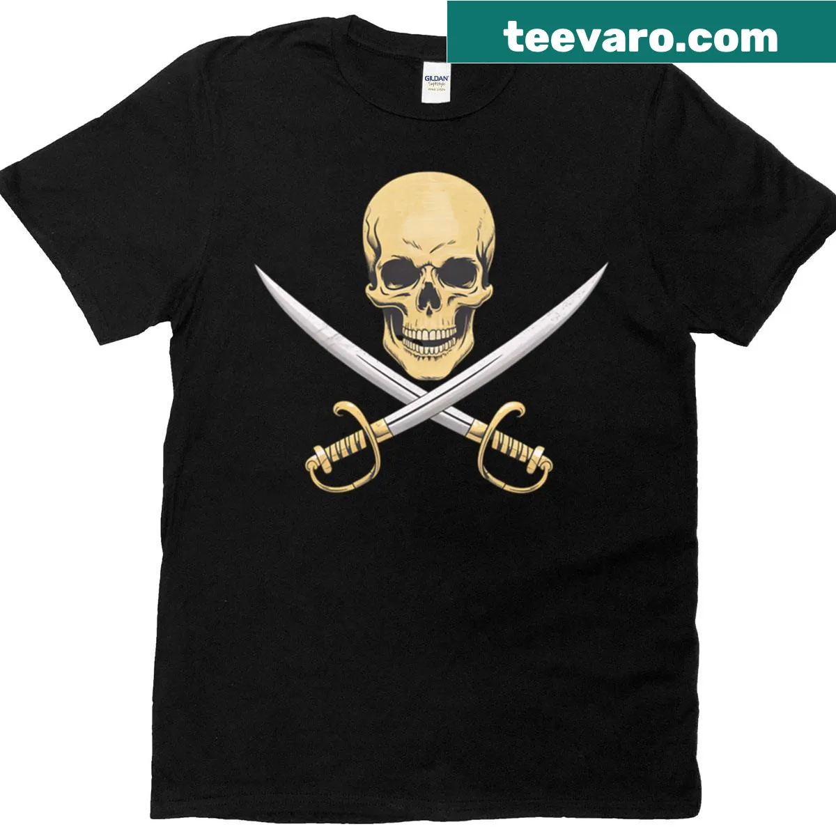 Illustration of a pirate skull and swords on a t-shirt — on a men's t-shirt