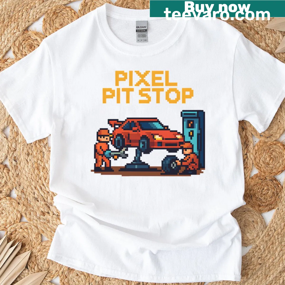 8-bit style retro gaming t-shirt with a garage scene — on a men's t-shirt