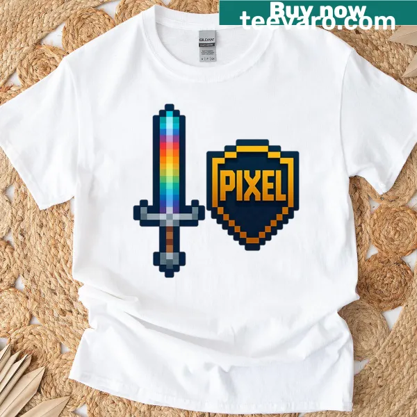 Intricate retro pixel blade graphic on a gaming t-shirt.