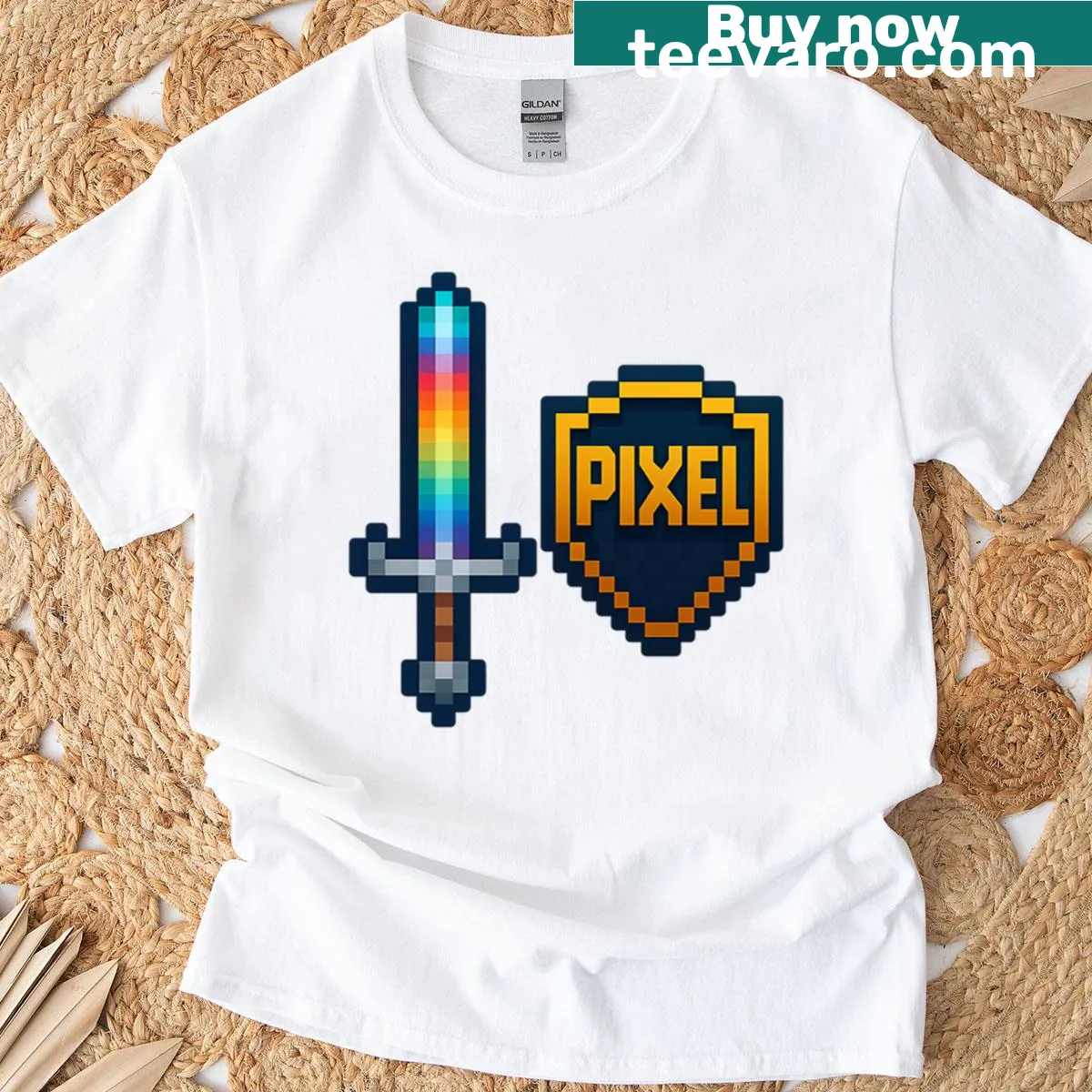 Intricate retro pixel blade graphic on a gaming t-shirt. — on a men's t-shirt