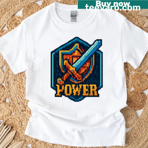 Retro gaming T-shirt with pixelated sword and shield design.