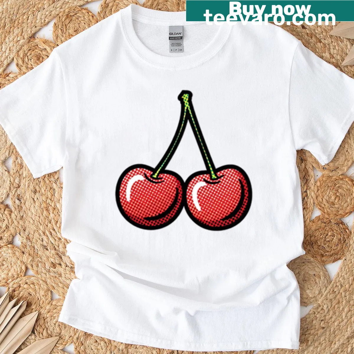 Pop art T-shirt featuring a playful design of cherries — on a men's t-shirt