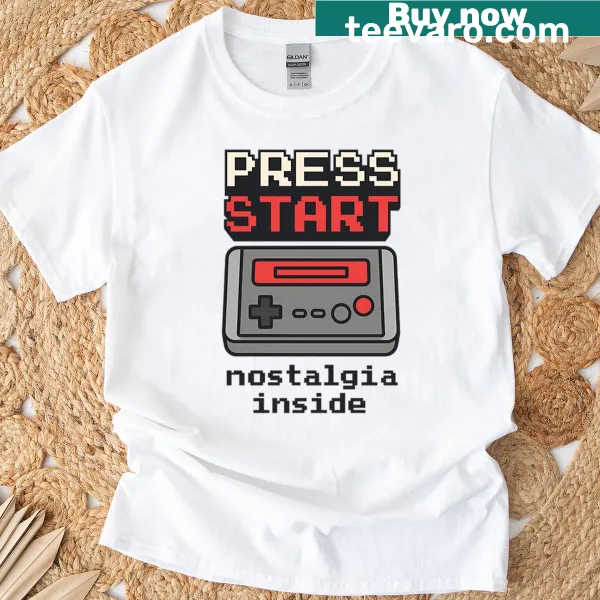Retro t-shirt featuring vintage console design with Press Start text