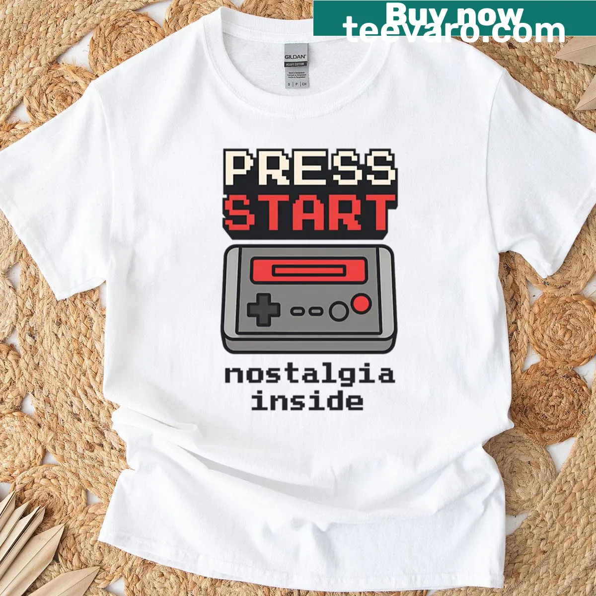 Retro t-shirt featuring vintage console design with Press Start text — on a men's t-shirt
